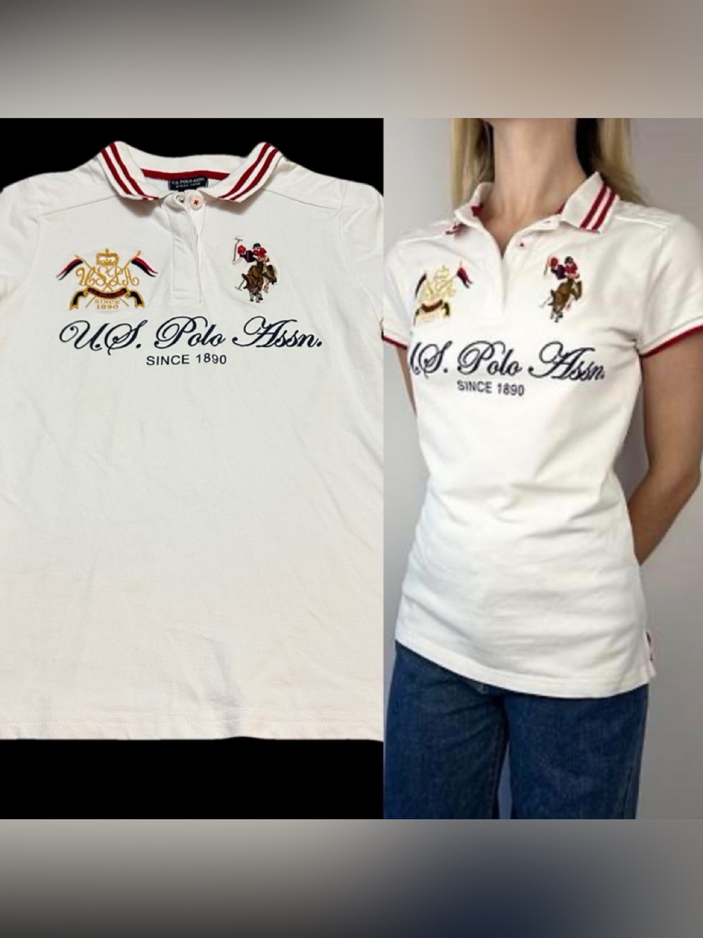 U.S. Polo Assn. Vintage White Polo with Red Trim and Embroidered Crest S
